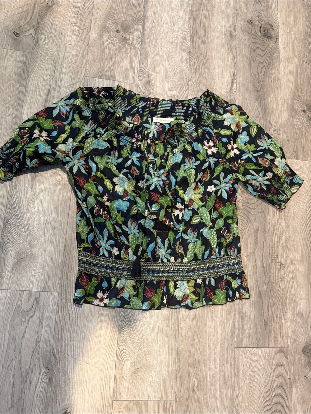 Tory Burch Black Floral Off-Shoulder Top with Blue & Green Print